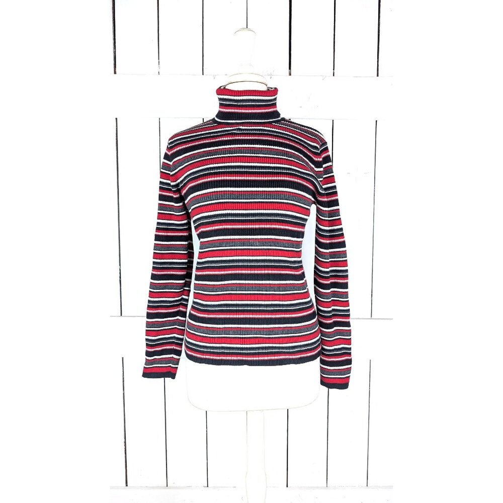 90s vintage fitted red striped ribbed turtle neck long sleeve sweater top